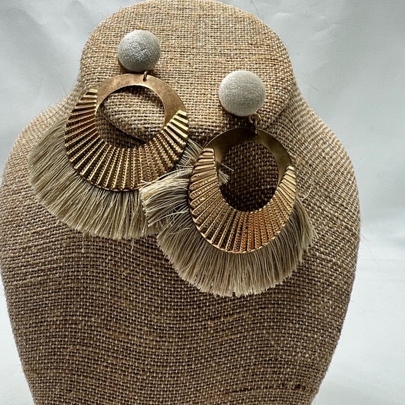 Beige Fringe Statement Earrings - Picture 2 of 4